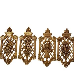 Vintage Wall Plaques Ornate Regency Dart 1971 Gold Spring Floral Fall Bounty 4pc